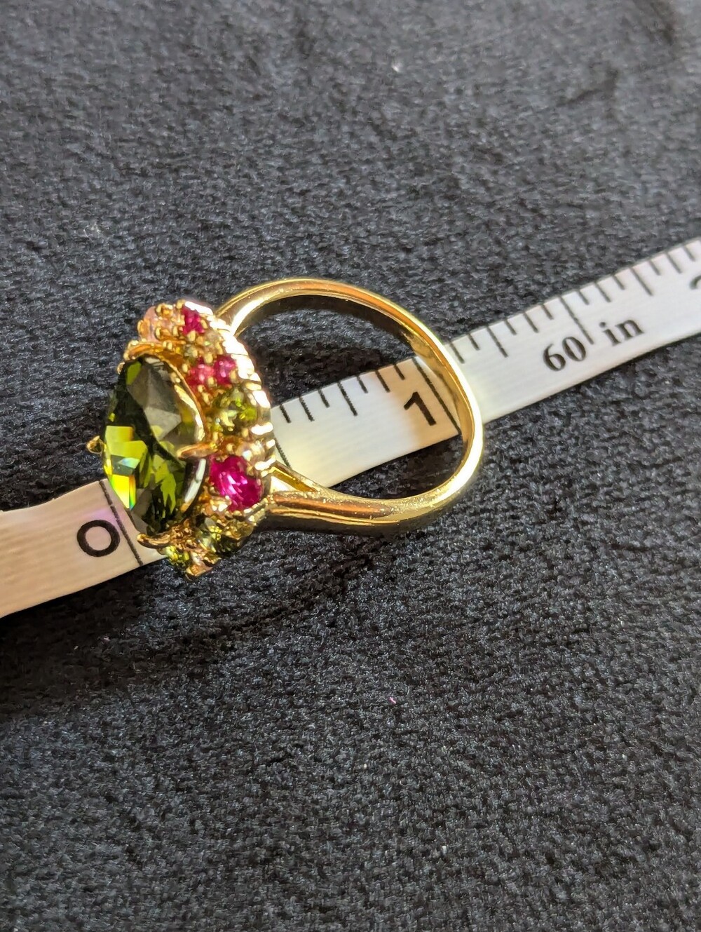 Vintage Style Gold-tone Ring with Green Center and Pink Accent Stones 1920s Sz 8 - Picture 12 of 12